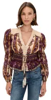 Farm Rio Embroidered Tapestry Sand Long Sleeve Blouse Embroidered Tapestry Sand In Multi