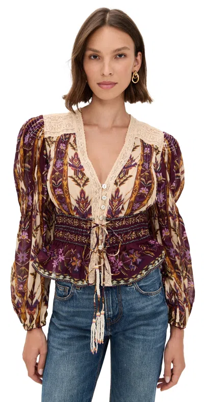 Farm Rio Embroidered Tapestry Sand Long Sleeve Blouse Embroidered Tapestry Sand In Multi