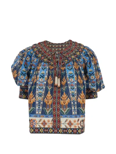 Farm Rio Embroidered Tapestry Short Sleeve Blouse In Blue