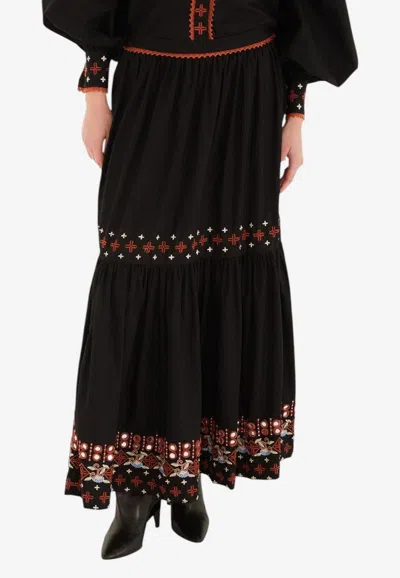 Farm Rio Embroidered Tiered Maxi Skirt In Black