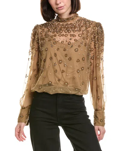 Farm Rio Embroidered Tulle Bubble Caramel Blouse In Brown
