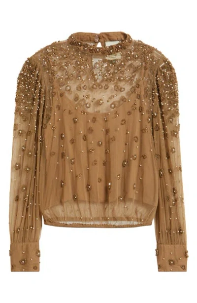Farm Rio Embroidered Tulle Lined Blouse In Brown