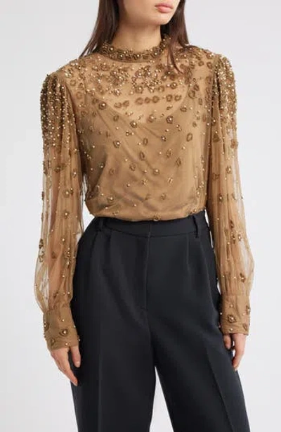 Farm Rio Embroidered Tulle Lined Blouse In Brown