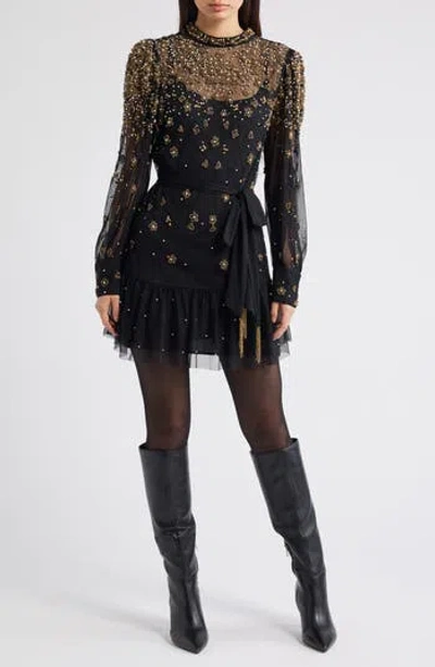Farm Rio Embroidered Tulle Overlay Minidress In Black