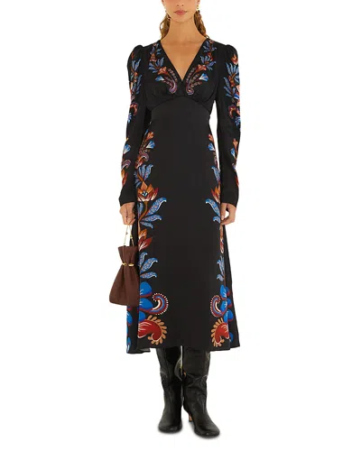 Farm Rio Energy Floral Puff Sleeve Midi Dress In Black