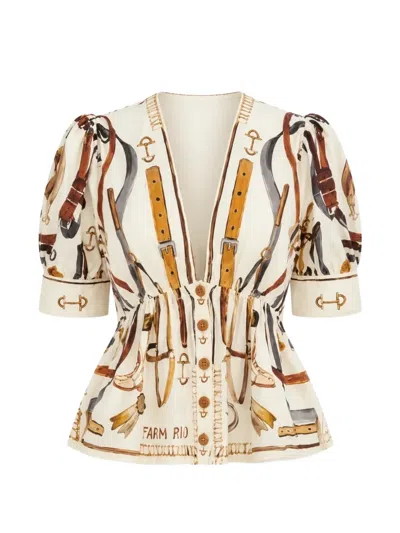 Farm Rio Equestrian-print Puff-sleeve Blouse In Neutral