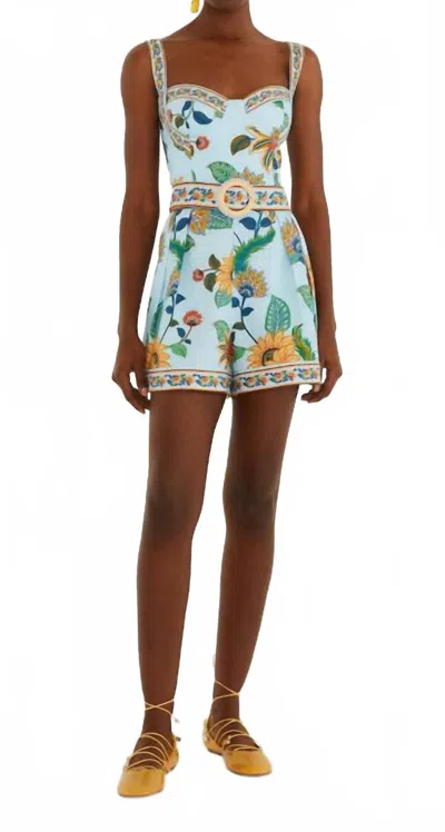 Farm Rio Euroflax Premium Linen Romper In Floral Delhi Light Blue