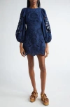 Farm Rio Eyelet Balloon Sleeve Cotton Minidress