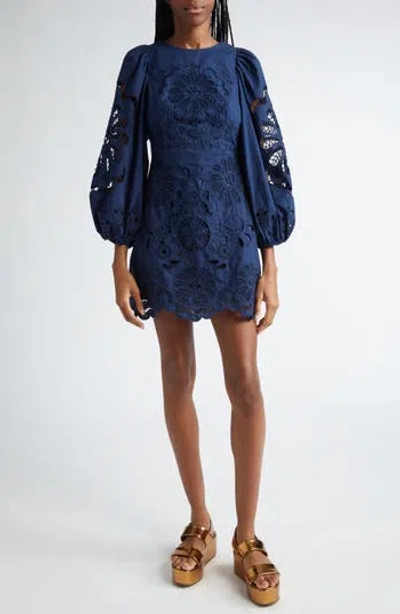 Farm Rio Eyelet Balloon Sleeve Cotton Minidress In Blue