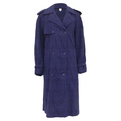 Farm Rio Eyelet Double-breasted Trench Coat In Navy Blue Cotton