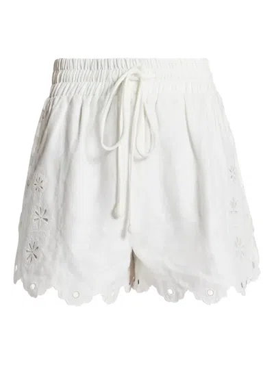 Farm Rio Flowers Richelieu Scalloped Broderie Anglaise Linen Shorts In White
