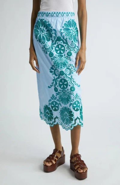 Farm Rio Eyelet Embroidery Cotton Midi Skirt In Blue
