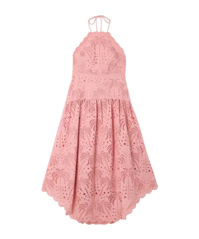 Farm Rio Palm Tree Scalloped Broderie Anglaise Cotton Midi Dress In Pink