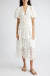 FARM RIO EYELET PUFF SLEEVE TIERED COTTON MIDI DRESS