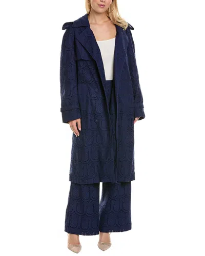 Farm Rio Eyelet Trench Coat In Blue