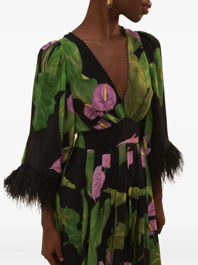 Farm Rio Feather-trimmed Floral-print Maxi Dress In Green
