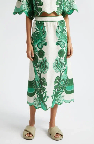 Farm Rio Festival Floral Linen Midi Skirt In Green