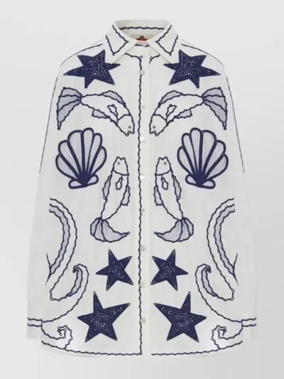 Farm Rio Fish Shell Star Embroidered Long Sleeve Shirt In White