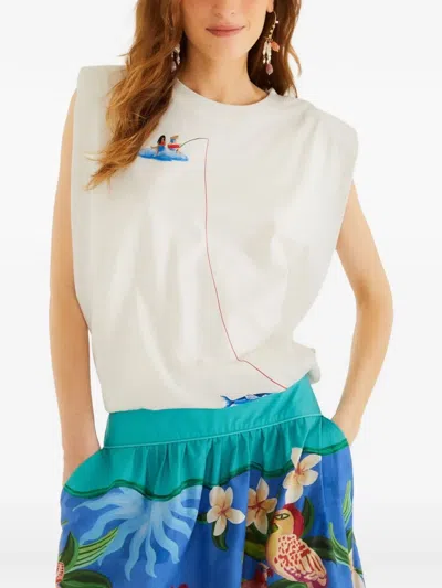 Farm Rio Fishing Dreams Padded-shoulder Graphic-print T-shirt In White