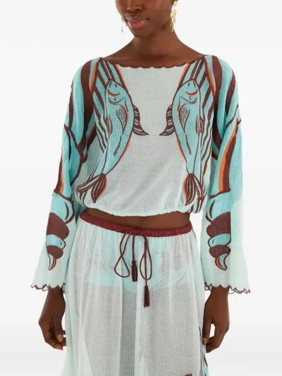 Farm Rio Fish-print Open-knit Blouse In Multi