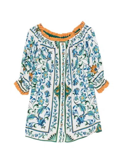 Farm Rio Flora Tile Floral-print Crochet-trim Mini Dress In Blue