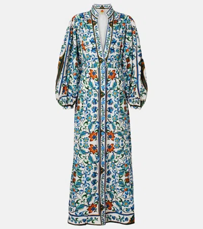 Farm Rio Flora Tile Linen-blend Maxi Dress In Blue