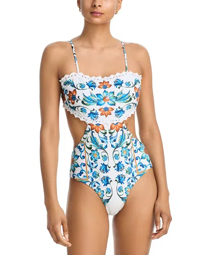 Farm Rio Flora Tile One Piece Swimsuit In White