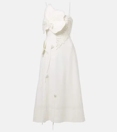 Farm Rio Floral-appliqué Linen-blend Midi Dress In White