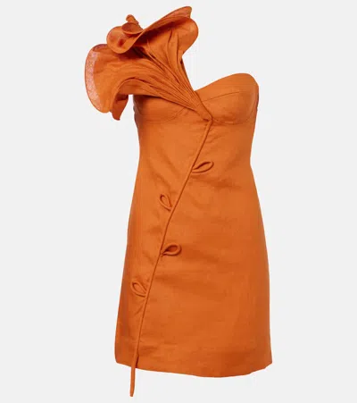 Farm Rio Sculptural One-shoulder Linen Mini Dress In Orange