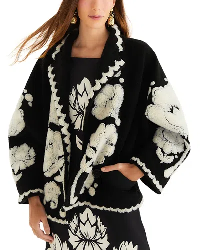 Farm Rio Floral Arabesque Fleece Coat In Black