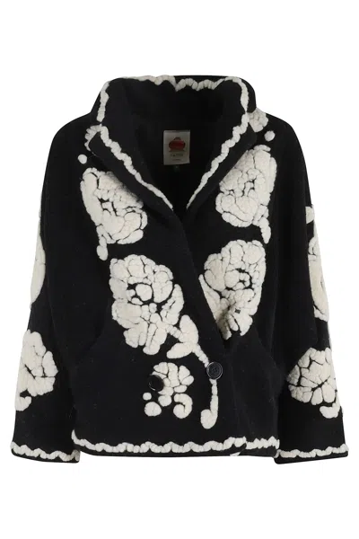 Farm Rio Floral Arabesque Fleece Coat In Black