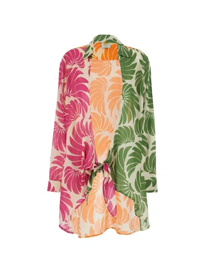 Farm Rio Multicolor Kaftan With Classic Collar And All-over Floral Print In Cotton Woman