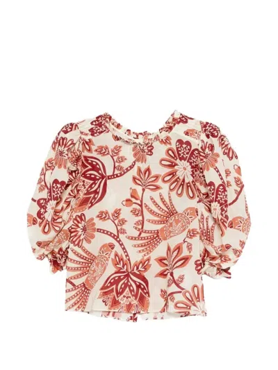 Farm Rio Ruffled-neck Floral-print Blouse In Brown