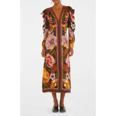 Farm Rio Viscose Long Dress With Chenille Flowers Print In Multi