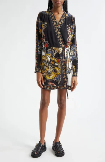 Farm Rio Floral Border Print Long Sleeve Wrap Minidress In Black