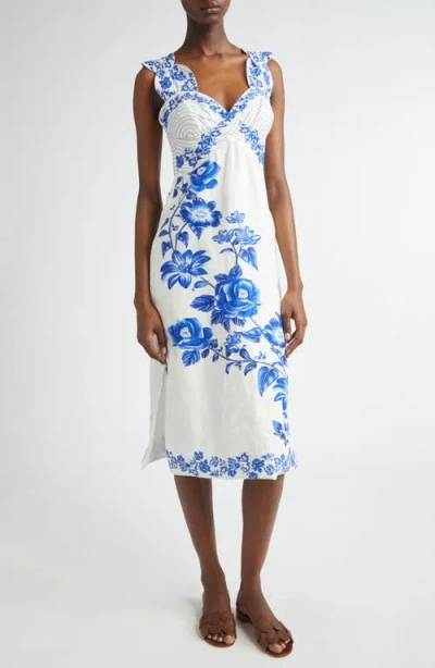 Farm Rio Off-white Floral Cascade Wavy Midi Dress In Blue Floral Cascade Off-white