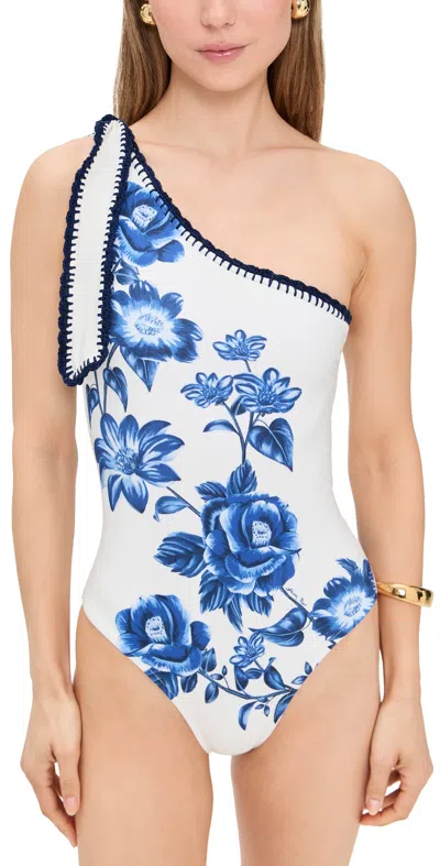 Farm Rio Floral Cascade One Piece Blue Floral Cascade Off-white