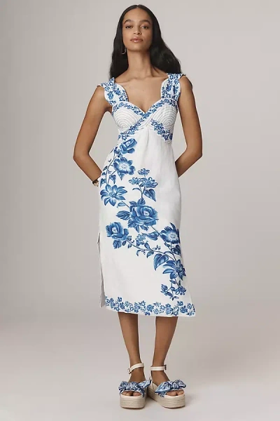 Farm Rio Floral Cascade Wavy Linen Sleeveless Midi Dress In White