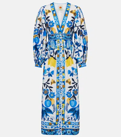 Farm Rio Floral Cotton Maxi Dress In Blue