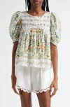 Farm Rio Scoop Neck Short Sleeve Blouse Folk Floral Off-white In Off-white