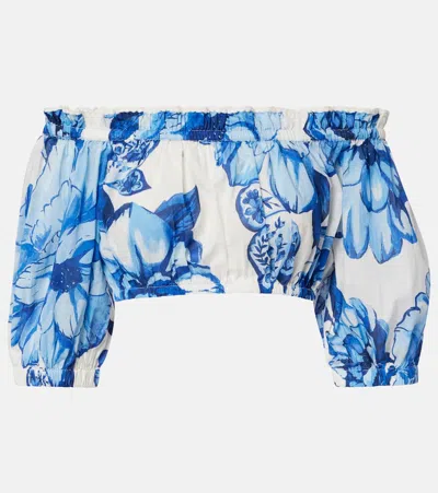Farm Rio Floral Cropped Off-shoulder Cotton Top In Blue