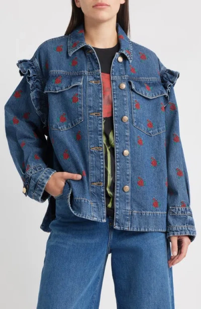 Farm Rio Floral Cross Stitch Denim Jacket In Blue