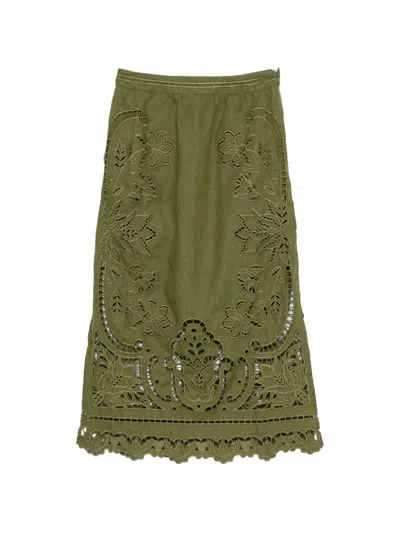 Farm Rio Majestic Garden Green Skirt With Floral Cut-out And All-over Embroidery In Linen Woman