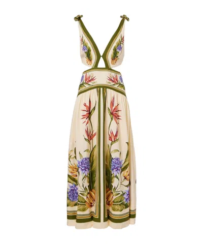 Farm Rio Floral Cutout Linen-blend Maxi Dress In Brown