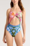Farm Rio Floral Elegance Mixed Scarves Cutout One-piece Swimsuit