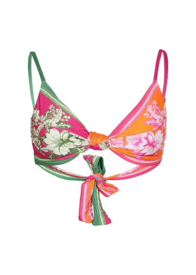 Farm Rio Floral Elegance Mixed Scarves Knot Multicolour Bikini Top In Green