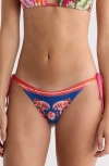 Farm Rio Floral Elegance Mixed Scarves Side Tie Bikini Bottoms In Blue
