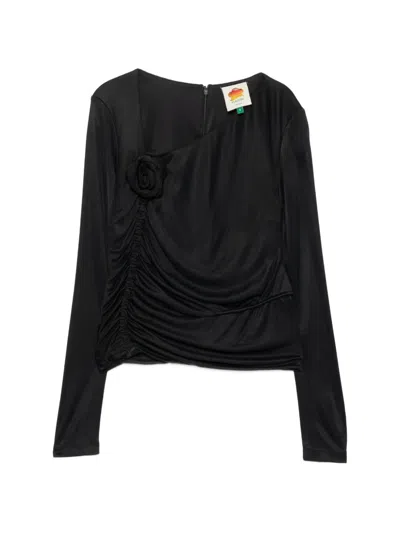 Farm Rio Floral-embellished Blouse In Black