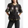 Farm Rio Winter Garden Embroidered Puff-sleeve Top In Winter Garden Black