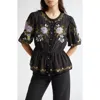 Farm Rio Winter Garden Embroidered Puff-sleeve Top In Winter Garden Black